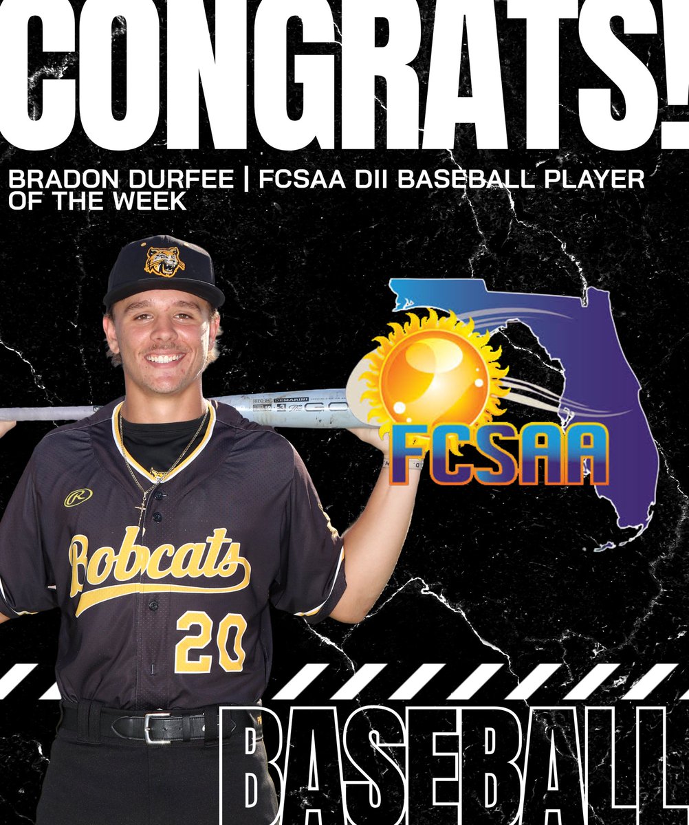 CONGRATULATIONS to Bradon Durfee for becoming the FCSAA DII Baseball Player of the Week! 🎉

#BackTheCats 🐾