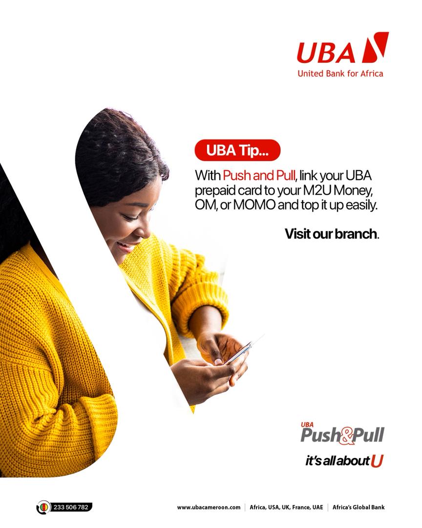 ubacameroon's tweet photo. #UBATips
Did you know you can top up your UBA prepaid card directly from your electronic wallet?
👉 Visit any UBA branch to link your prepaid card to your M2U, OM or MOMO account in a few minutes.
Once activated, you can transfer funds anytime using Push & Pull
Simpler. Faster. Smarter.
Banking built around you.
#AfricasGlobalBank
#ItsAllAboutYou
#TheBankCloserToYou