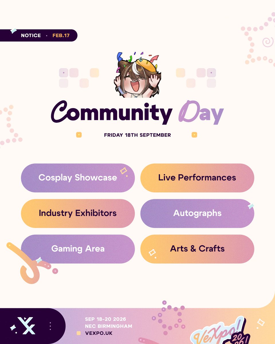 [Community Day Information]
Hey, did U hear? VeXpo iz 3 entire dayz now!!! x3 😛 Totes crazy, right?!

This year, VeXpo becomes a three-day weekend! On Friday (18th September) Hall 9 of the NEC will transform into a space where you can get involved with the rest of the community