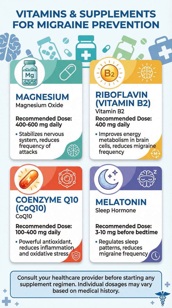 DrAlesefir's tweet photo. #Migraine #Headache_clinic #عيادة_الصداع #علاج_الشقية #الصداع_النصفي #المكملات 

المكملات الغذائية والشقيقة 

كثير ما تأتي الاسئلة بخصوص المكملات الغذائية وامكانية علاج  الشقيقة ما بين مبالغ بالموضوع وأنها العلاج القاطع الذي لا مثيل له وبين من لا يرى اي داعي لاستخدامها 

الدراسات العلميه المحكمة عملت على بعض من المكملات والحقيقة ان ليس كلها ثبت نجاحه بالعلاج 

المغنسيوم : من اهم المكملات اللي قد يفيد مرضى الصداع النصفي المتقطع(غير المزمن) اللي تأتيهم هجمات الصداع بما لا يزيد عن ١٥ يوم بالشهر 
هناك اكثر من دراسه على ان المغنيسيوم قد يساعد على تخفيف الهجمات وحدتها وقد يساعد على جودة النوم كذلك مما يشكل خيار جيد لمن يعاني من ارق او صعوبة في النوم 

فيتامين ب ٢ (رايبوفلاڤين) riboflavin 
هناك بعض الدراسات أثبتت فعاليته لمرضى الشقيقة المتقطع كذلك 
بالعادة نبدا بجرعات صغيرة ونرفع الجرعه تدريجيا 
اهم الاعراض الجانبية هي تغير لون البول إلى الأحمر او البرتقالي الداكن 

Co-enzyme Q10 مكمل 
الدراسات اثبتت فعاليته كذلك لمرضى الشقية المتقطع 
عادة ما نبدا بجرعات صغيرة 
اهم الاعراض الجانبية فيه هي الارق لذلك لا ينصح استخدامه في الليل وآلام المعدة والهضم 

Melatonin 
هناك القليل من الدراسات اللي تشير احتمال التحسن في استخدامه 
وكما هو معلوم انه مكمل مساعد للنوم وبالتالي يعتبر خيار مناسب لمن يعاني من الأرق 

عادة ما اقول للمرضى انه خيار لا مانع من تجريبه مع الأخذ بالاعتبار ان الدراسات صغيرة وعملت لفترة قصيرة وهناك القليل منها ، لذلك يجب عدم المبالغة بانها الحل القطعي لجميع المرضى ولكن لامانع إن أعطت تحسن إضافي

#Migraine #Headache_clinic #عيادة_الصداع #علاج_الشقية #الصداع_النصفي #المكملات