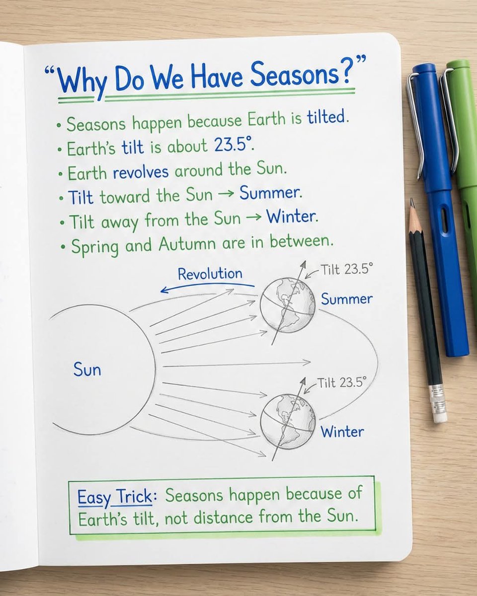 skglearning's tweet image. Why Do We Have Seasons?

Seasons happen because Earth is tilted about 23.5°. 🌍 As Earth revolves around the Sun, different parts receive more direct sunlight at different times — creating summer, winter, spring, and autumn.

 #EarthScience #GeographyLearning #ScienceExplained
