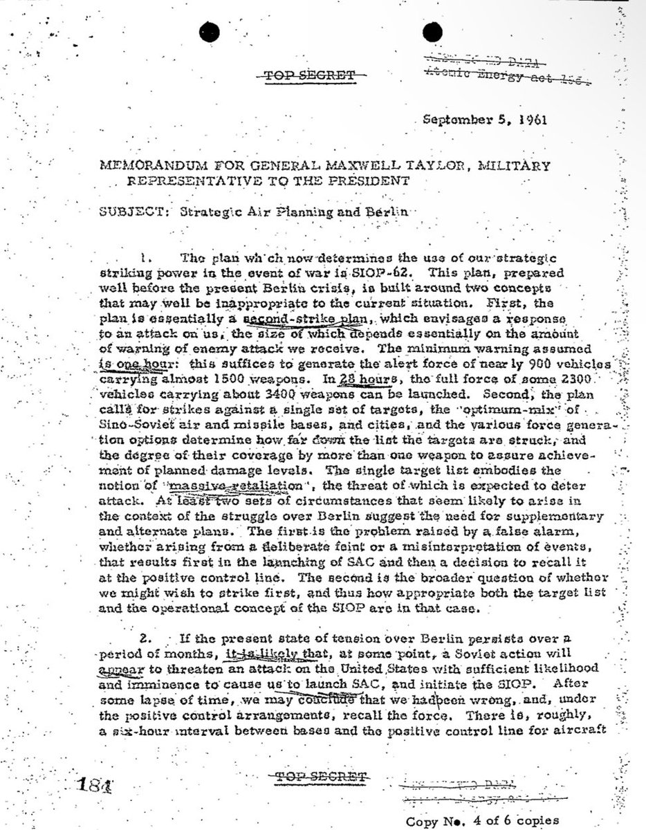TheRealCurly5's tweet image. "And we call ourselves the human race.” These declassified documents from 1961 prove that the military leadership was prepared to trigger a nuclear apocalypse over a single standoff in Berlin. When the war hungry insane Joint Chiefs briefed JFK on their nuclear war plan, SIOP-62,