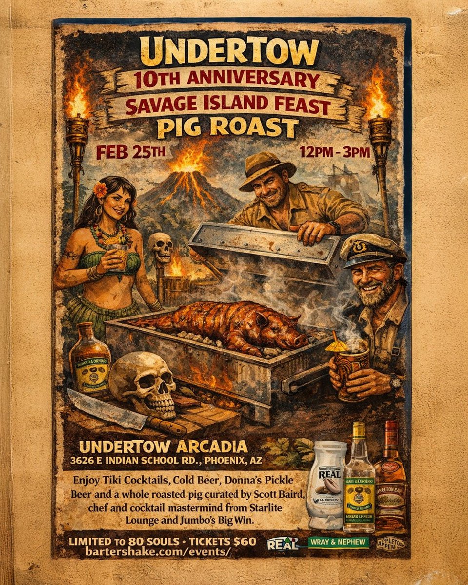 Celebrate the launch of our 10 year expedition at UnderTow Arcadia. 🔥

Whole hog. Open flame. High noon.

$60 includes two exotic drinks and a plate lunch carved fresh when the lid lifts. Secure your passage: bit.ly/4rSYzni