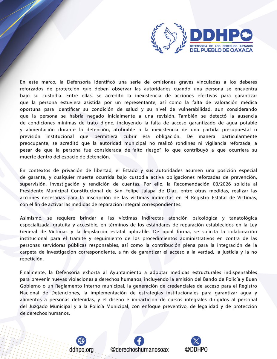 DDHPO's tweet photo. Tras los hechos ocurridos en un centro de detención de San Felipe Jalapa de Díaz, donde una persona perdió la vida, la #DDHPO emitió la Recomendación 03/2026 dirigida a las autoridades municipales de este Ayuntamiento. 

A continuación te presentamos los detalles. https://t.co/yXwpSrm7P3