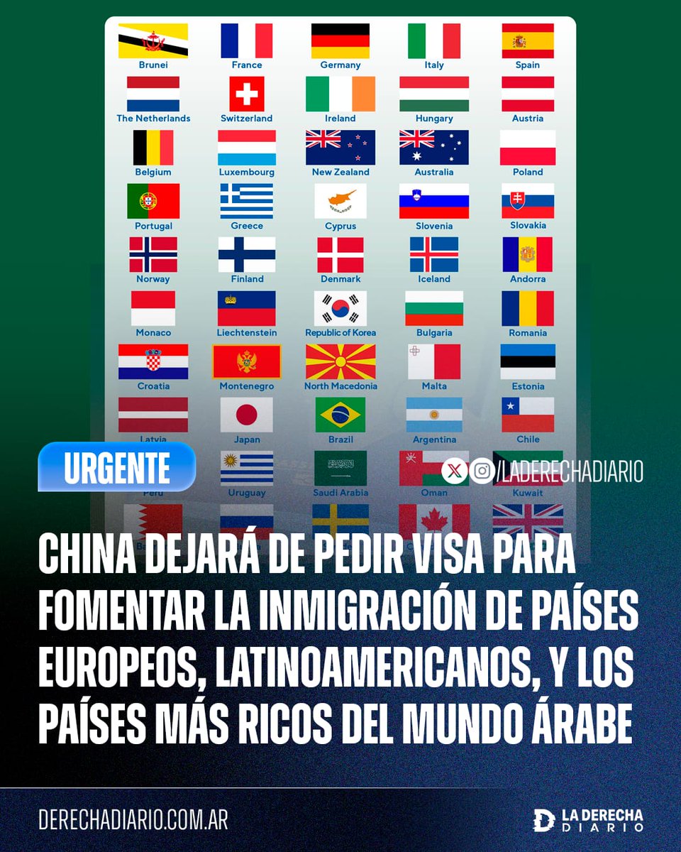 🚨🇨🇳 | La dictadura comunista de China dejará de pedir VISA para fomentar la inmigración de países Europeos, Latinoamericanos y los países más ricos del mundo árabe.

A diferencia de la Unión Europea, no aceptará inmigrantes de países pobres del Norte de África o de Medio