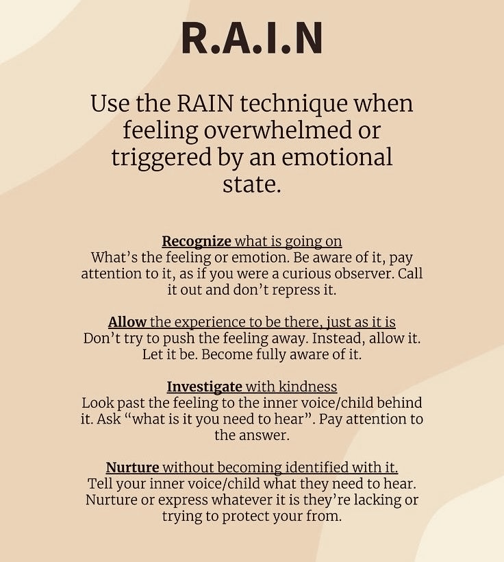 KindnessChamps's tweet photo. "When you become aware of a feeling instead of judging it, you create space for healing." Unknown
Hey grand people🥰
When you feel overwhelmed the RAIN technique is a strategy that can help💝
Thanks #tarabranch #sunniesmybunnies unknown😊
#youmatter #loveyou #RAINtechnique❤️ https://t.co/QeVIr6xOp5