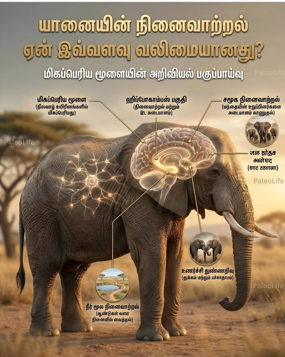 ChatGPTJob's tweet photo. யானையின் நினைவாற்றல் ஏன் இவ்வளவு வலிமையானது தெரியுமா? 🐘
பெரிய மூளை, வலுவான நரம்பு இணைப்புகள்,
சமூக வாழ்க்கை அனுபவங்கள்,
உணர்ச்சி தொடர்புகள் — இவை அனைத்தும் சேர்ந்து
நீண்ட கால நினைவுகளை உறுதியாக வைத்திருக்க உதவுகின்றன.
அதனால் தான் யானை மறப்பது அரிது!
#ElephantMemory #AnimalIntelligence #WildlifeFacts #NatureKnowledge #AmazingAnimals