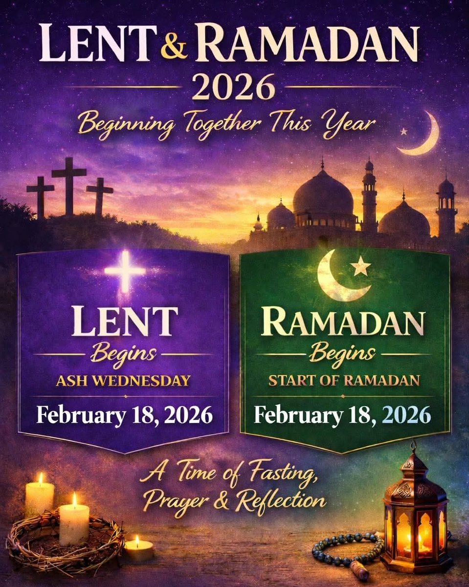 This is a busy week for Christians and Muslims...

✝️⛪️: Shrove Tuesday, Ash Wednesday and the start of Lent
☪️🕌: the start of the month of Ramadan

As these events follow different calendars, it is extremely rare to share the same date!

So, why are these important? ⬇️