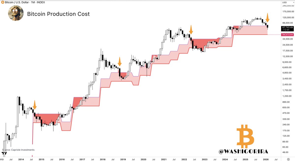 Washigorira's tweet image. #Bitcoin Production Cost

BTC has entered the production cost zone.
The lower bound sits near $44.5K.

As seen in 2014 and 2022, price can dip slightly below the band before a structural recovery