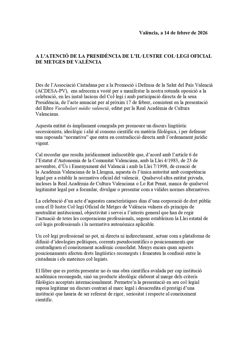 acdesa's tweet photo. Carta de protesta d'ACDESA-PV davant la presentació del llibre "Vocabulari Mèdic Valencià" pel "Colege Oficial de Meges de Valéncia" (sic) https://t.co/VaAzCvuNRC