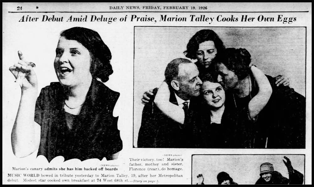 19-year-old Marion Talley premieres at the New York Metropolitan Opera as the youngest prima donna to ever sing at the Met.