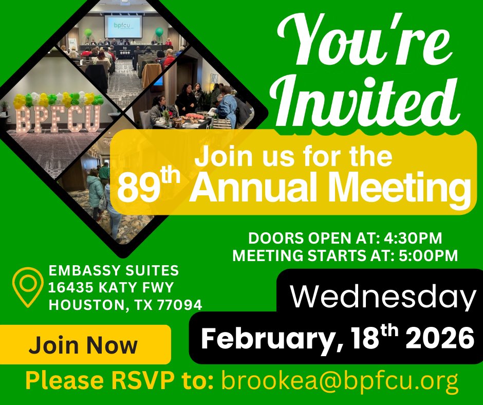 bpfedcu's tweet photo. 🎉You’re Invited the 89th Annual Meeting!🎉Join us as we review the past year &amp; look ahead to an exciting year to come.

🎁 Giveaways
🏆 Fun Raffle prizes
📊 Annual review &amp; updates
🚀 A look at what’s ahead
🤝 Great company

Don’t miss it! Please RSVP today: brookea@bpfcu.org https://t.co/GF4RkTWijB