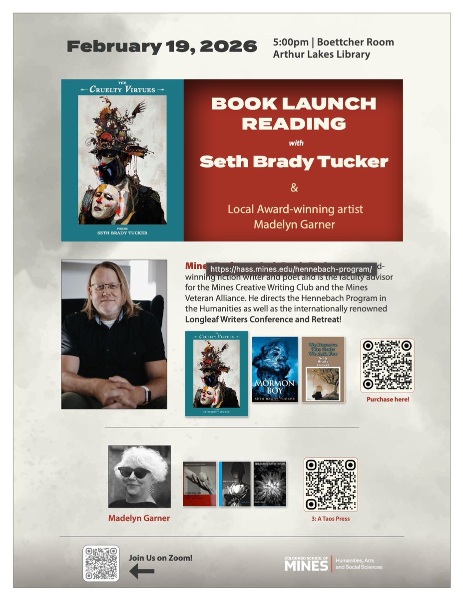 Celebrate the launch of The Cruelty Virtues and hear from two incredible voices in the humanities community!

Join us on February 19 at 5:00 PM in the Boettcher Room for a special evening with award-winning author Seth Brady Tucker and local artist Madelyn Garner.