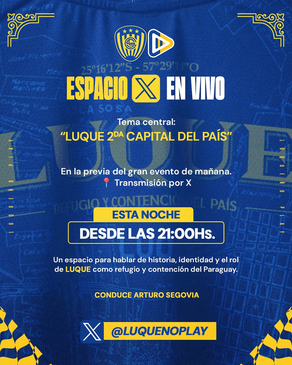 🔥 Hoy se prende el micrófono en X.

Desde las 21:00 vivimos la previa del gran evento de mañana en Luqueño Play.

🎙 Con <a href="/arturosegovia/">Arturo Segovia</a>.

Comentá, opiná y sentí el Auriazul con nosotros 🟡🔵