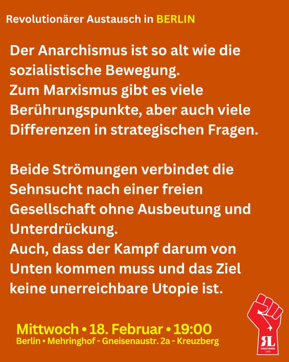 BerlinDemo's tweet photo. 💥Mittwoch 18.02.2026💥

🚩✊🏾Revolutionärer Austausch: Marxismus und Anarchie✊🏾🏴

18.02.2026 | 19:00 Uhr | Mehringhof, Blauer Salon, Gneisenaustraße 2a, 10961 Berlin

Anreise: U6, U7, Bus 140, M19 Mehringdamm 

📣 Aufruf: https://t.co/QwOYajGpGI

#b1802 #Marxismus #Anarchie https://t.co/MHlLDCPSwI