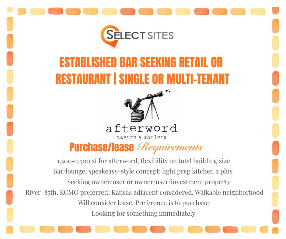 SCOTTCRSLLC's tweet photo. Established bar seeking a retail or restaurant space. Lease or purchase opportunities welcome. If you know of a property that might be a good fit, or have something coming available soon, please reach out. #ClientNeeds #KCBroker #ForLeaseKC #ForSaleKC #KCProperties #KCCRE https://t.co/5V1BBEnlF8