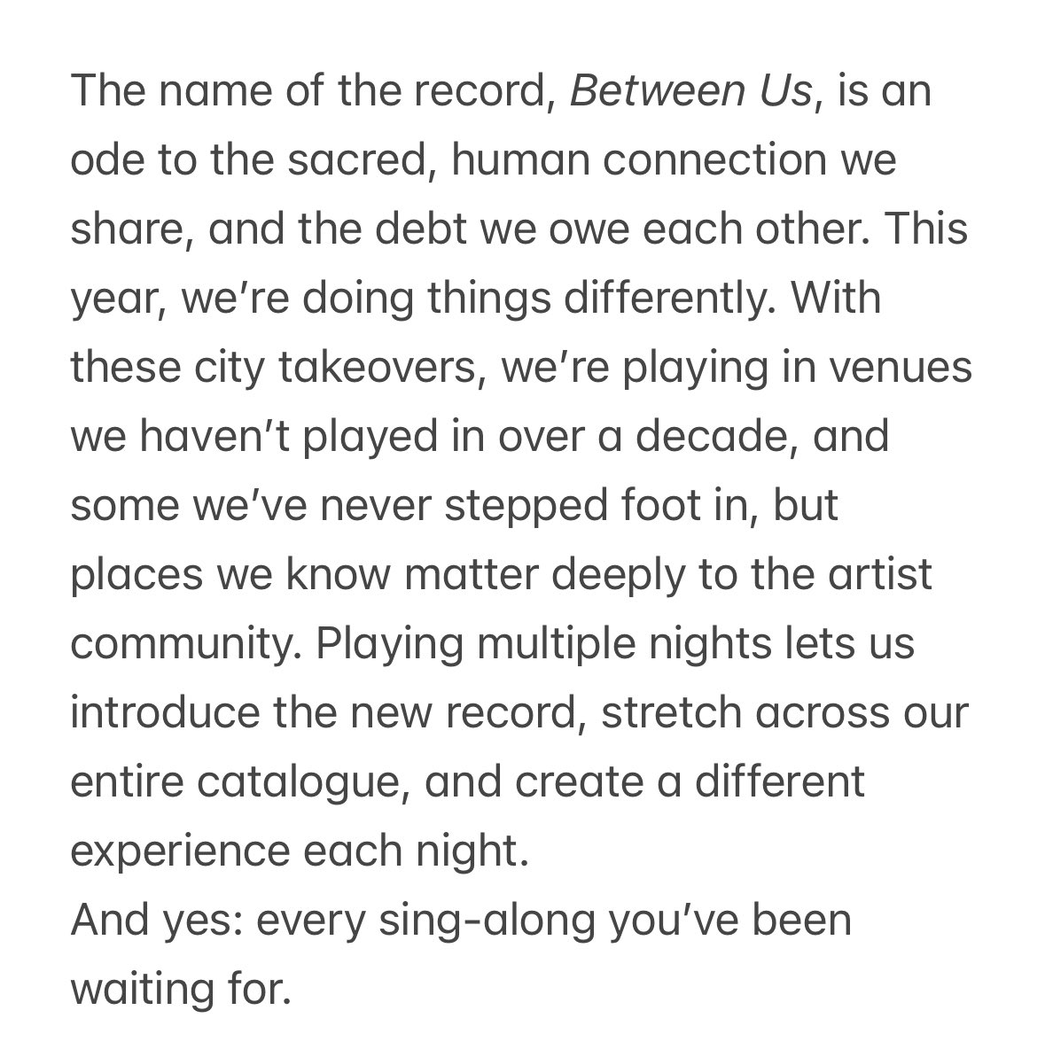 Thrilled to announce:
The Between Us city takeover. 
First up: Vancouver, Edmonton, Calgary.
Pre-sale: Weds Feb 18 at 10 AM local.
General on-sale:  Fri Feb 20 at 10 AM local.
Sign up for pre-sale at arkellsmusic.com/live