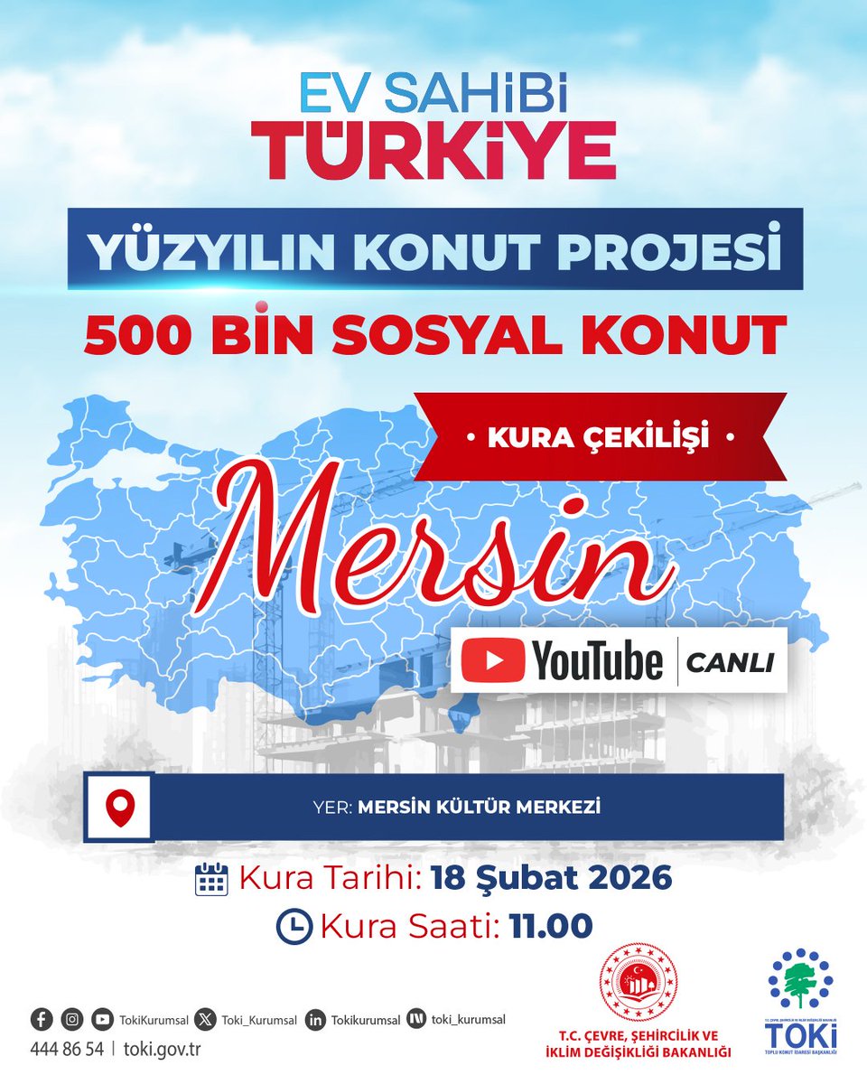 Toki_Kurumsal's tweet photo. 🏘️ Yüzyılın Konut Projesi'nde kuralar devam ediyor.

🍀 5️⃣0️⃣0️⃣ Bin Sosyal Konut Projesi kapsamında; yarın (18 Şubat 2026 Çarşamba) Kırklareli ve Mersin projeleri için kura çekilecek. 

➡️ Kura çekimleri resmi YouTube hesabımızdan canlı yayınlanacaktır.

⬇️ Canlı Yayın Bağlantıları

📍Kırklareli  2️⃣.2️⃣5️⃣5️⃣ Konut Hak Sahibi Belirleme Kura Linki; 
🕚 11.00
🔗 https://t.co/BRh6eeimo6

📍Mersin 8️⃣.1️⃣9️⃣0️⃣ Konut Hak Sahibi Belirleme Kura Linki; 
🕚 11.00
🔗 https://t.co/rdbjfFmaYT

🔍 Detaylar için ⤵️
🔗 https://t.co/5TEuolGLoo