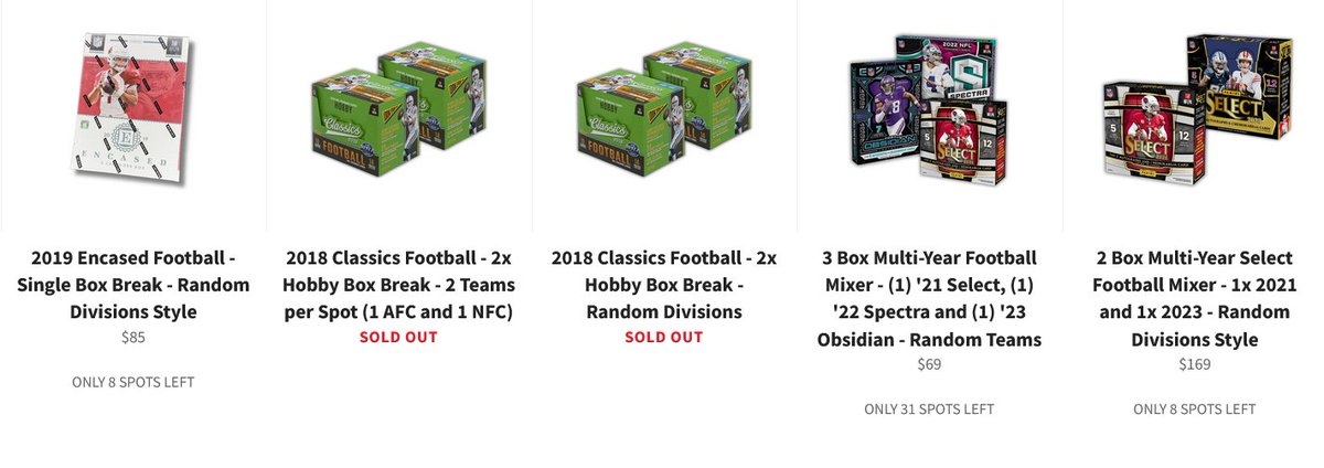 Whelp... 2018 Classics Football breaks are filled 😳

Which of these random throwback rips will fill next on buckcitybreaks.com?!?