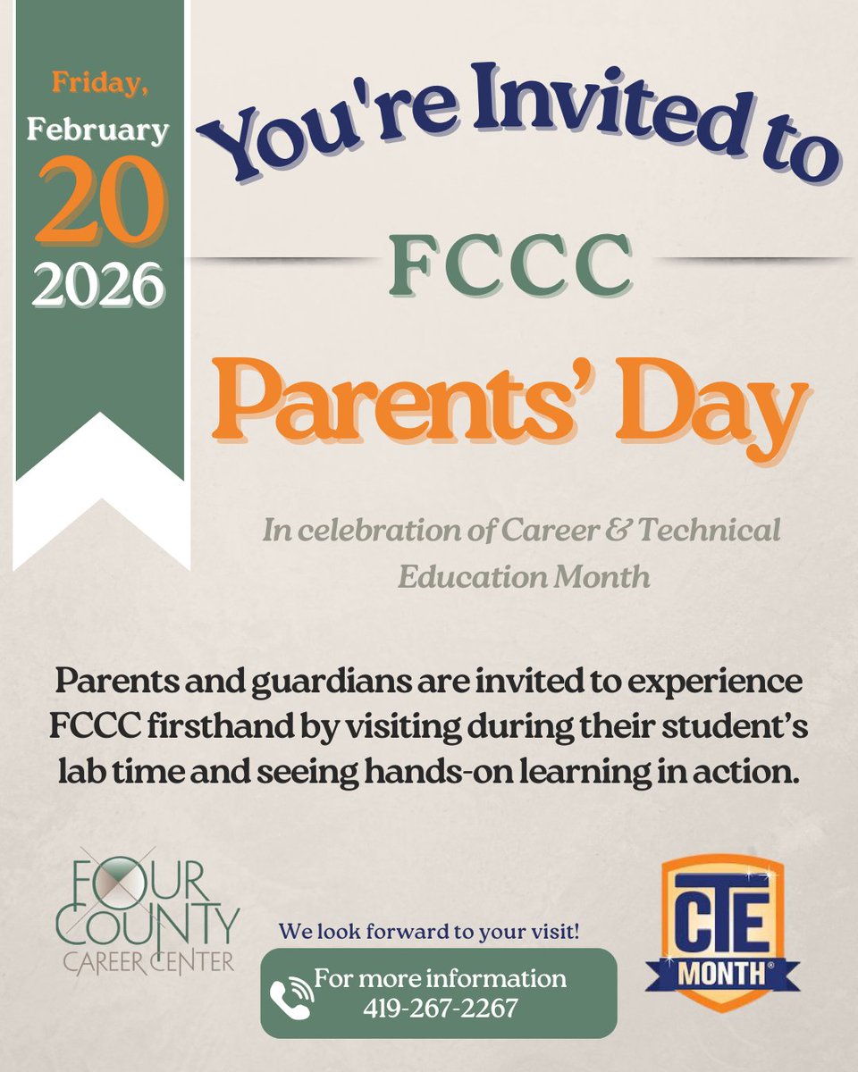Parents — don’t forget to check your email for important details about this Friday’s Parents’ Day at Four County Career Center!

We look forward to welcoming you to campus and sharing your student’s lab experience with you.