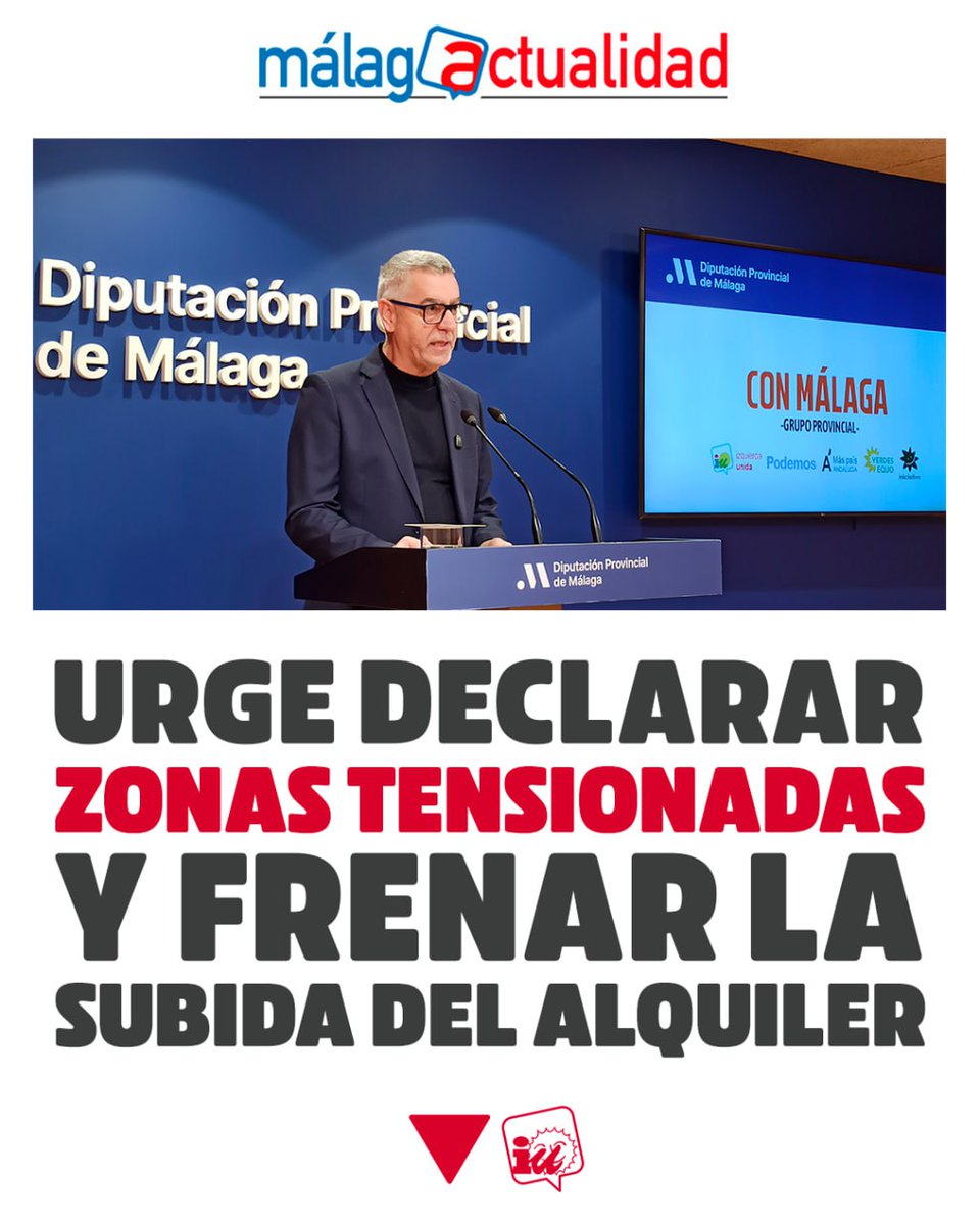 La situación de la vivienda en nuestra provincia es insostenible. Moreno Bonilla no debería tardar ni un minuto más en declarar zonas tensionadas para frenar la escalada del precio del alquiler.

Mañana, hablaremos de esto en el Pleno de Diputación.

malagactualidad.es/teletipos/7107…