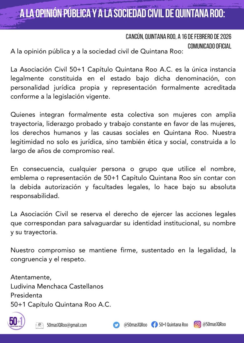 📢 COMUNICADO A LA OPINIÓN PÚBLICA Y A LA SOCIEDAD CIVIL DE QUINTANA ROO. La Asociación Civil 50+1 Capítulo Quintana Roo A.C. es la única instancia legalmente constituida en el estado bajo dicha denominación. Compartimos el presente comunicado 👇🏼👇🏼👇🏼