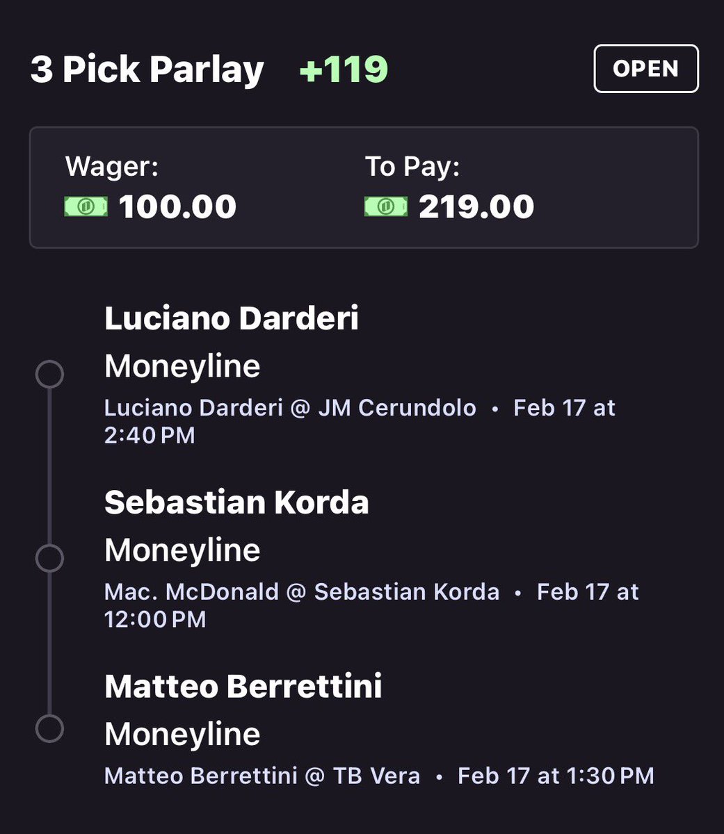 🪜🪜BREAKPOINTLOCK’S $100 ➡️ $1000 LADDER CHALLENGE 🪜🪜

DAY 1 $100 ➡️ $219 🎾

🎾 Luciano Darderi + Sebastian Korda + Matteo Berrettini MLP
 (+119)💫

❤️ If tailing! Let’s do this🧗🏽

#Gambling𝕏 #TennisPicks #BettingCommunity #OnyxOdds