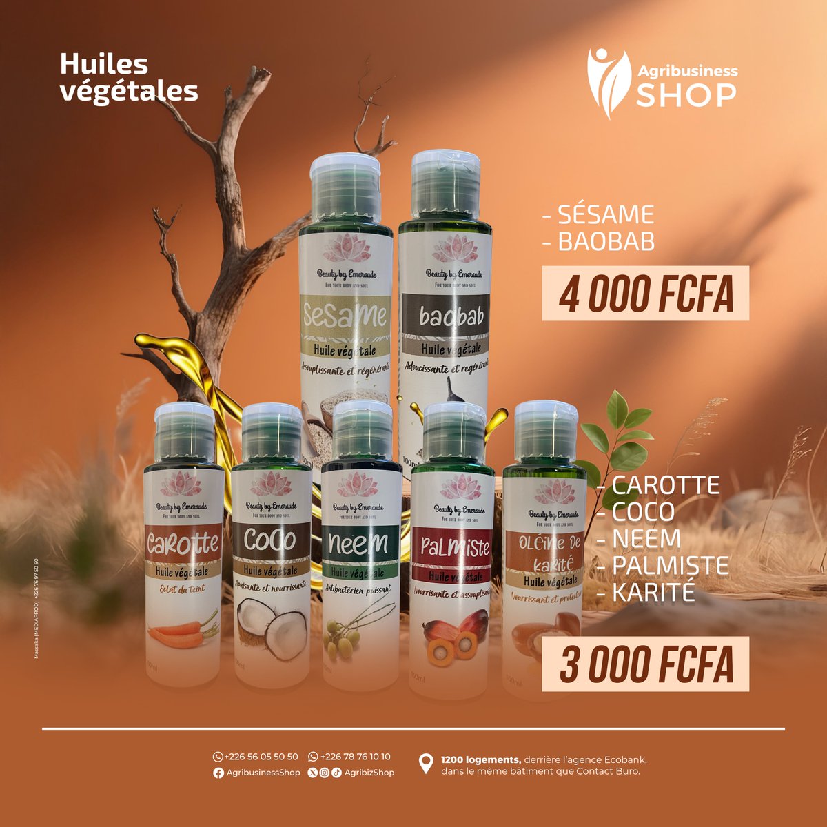 La beauté commence par des soins.

Nos #huiles végétales 🌿🥕🥥 hydratent, réparent et apportent éclat et douceur à votre peau.

Disponible à #AgribusinessShop. 🛍️