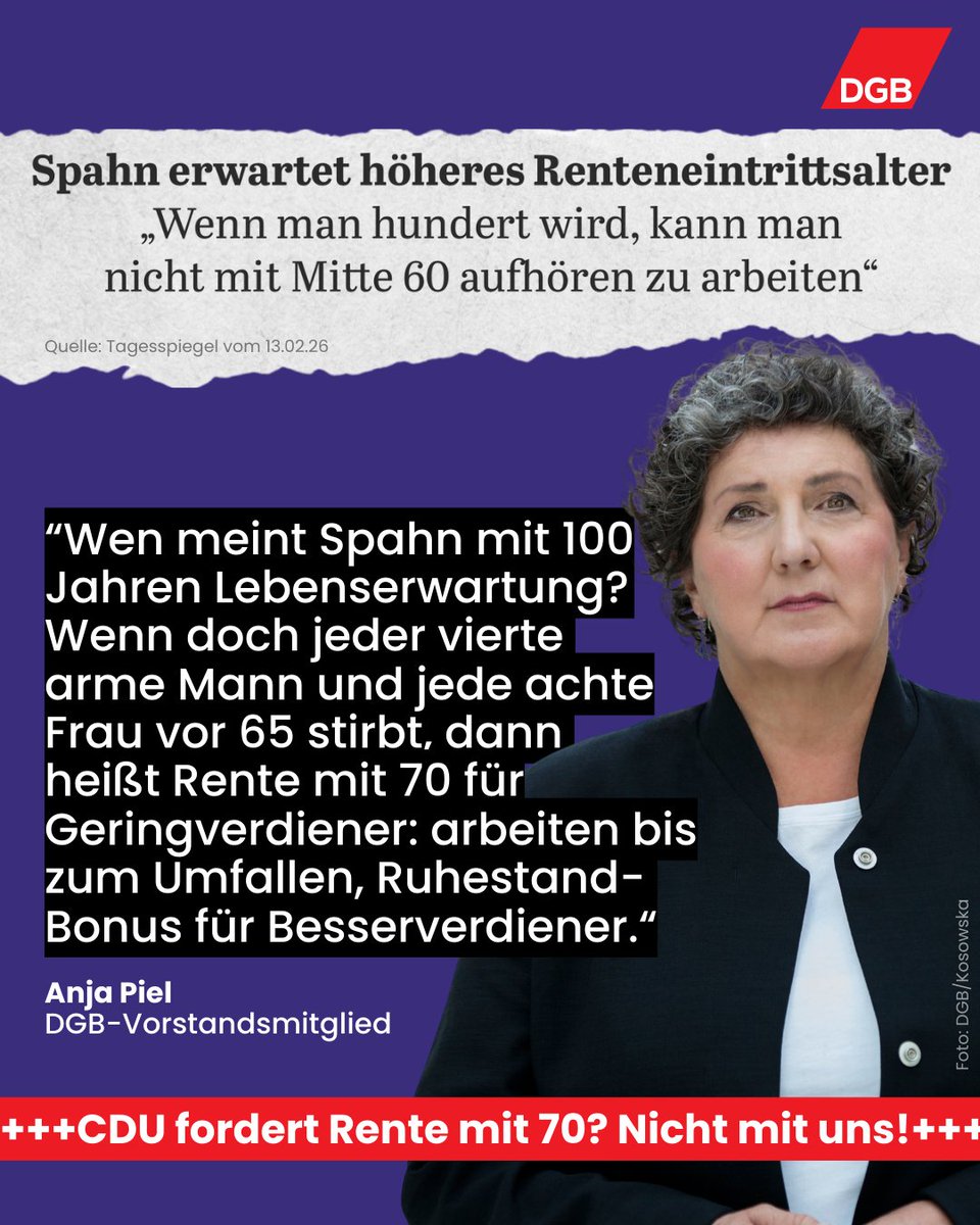 CDU-Vorschlag: Rente mit 70? Nicht mit uns! 🛑

Deutschland hat schon jetzt im EU-Vergleich eines der höchsten Rentenalter – aber eine der niedrigsten Renten!
Viele Menschen schaffen es gar nicht gesund bis zur Rente. Und wenn doch, reicht das Geld hinten und vorne nicht.