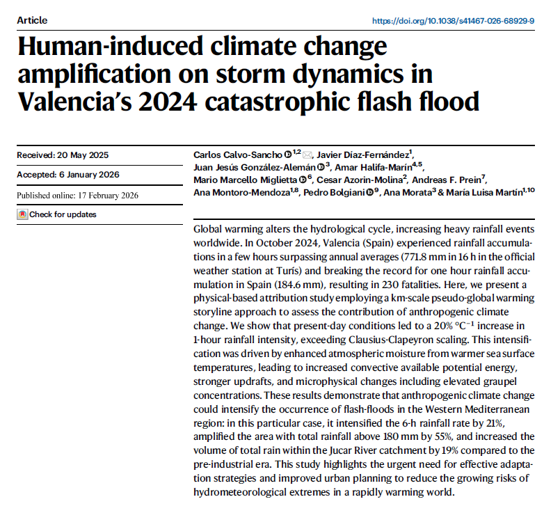 ▶️Magnífica investigación sobre la DANA de octubre de 2024 <a href="/MeteoZGZ/">☈ Carlos Calvo-Sancho ☈</a> 
"Descubrimos que las condiciones climáticas actuales intensificaron la precipitación en un 21% y el área afectada por precipitaciones superiores a 180 mm se amplificó en un 55%" 
📝nature.com/articles/s4146…