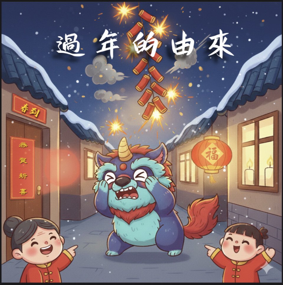 yuukachabou's tweet photo. 昔々、中国には「年（ニェン）」という恐ろしい怪獣がいて、大晦日に現れては暴れていました。人々は「年」の3つの弱点を発見し、それが現在の習俗になったと言われています：💥 大きな音  「爆竹」の由来🔴 赤い色  「春聯（赤い紙）」の由来🕯️ 火の光  「寝ずに夜を過ごす（守歳）」の由来 https://t.co/08pZQqQHlH