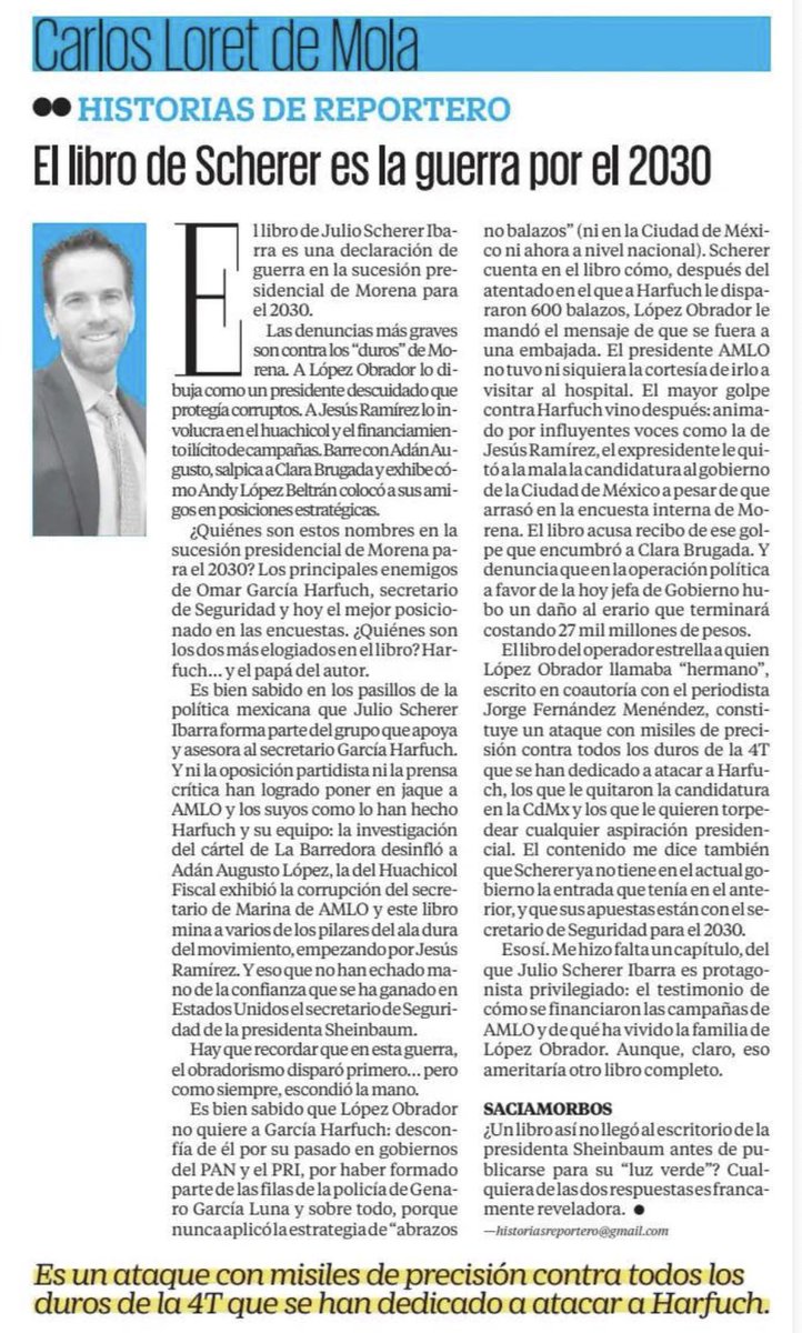 ErnestoGuerra_'s tweet photo. El libro de Scherer es la guerra por el 2030

“Las denuncias más graves son contra los duros de Morena.”

“A Jesús Ramírez lo involucra en el huachicol y el financiamiento ilícito de campañas.”

“Barre con Adán Augusto, salpica a Clara Brugada y exhibe cómo Andy López Beltrán colocó a sus amigos en posiciones estratégicas”

Échenle una leída a Carlos Loret vía El Universal