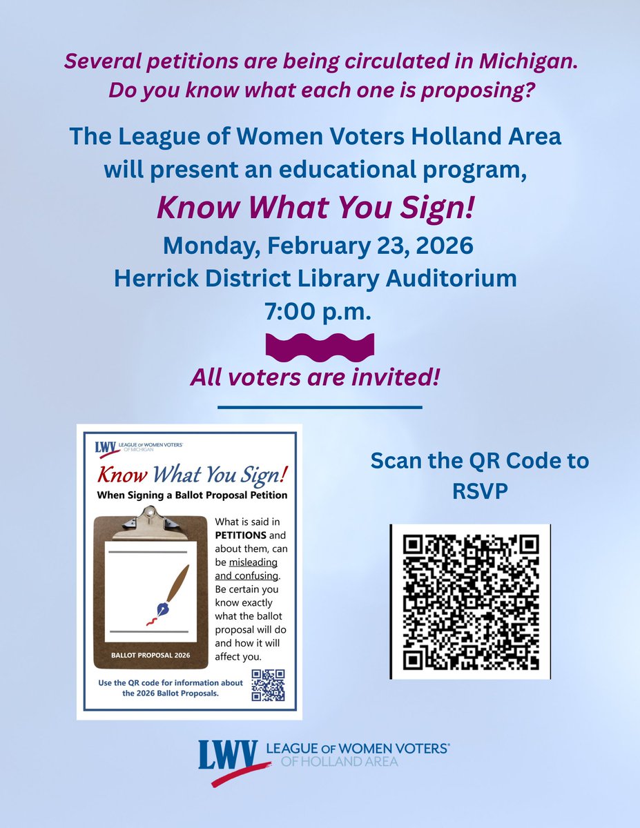 In MI, the petitions Committee to Protect Voters’ Rights &amp; Americans for Citizen Voting – Michigan would create barriers to voting.
What can you do?
- Attend “Know What You Sign” (See flyer)
- Contact your legislators to urge them to reject the SAVE Act: lwv.org/save-act