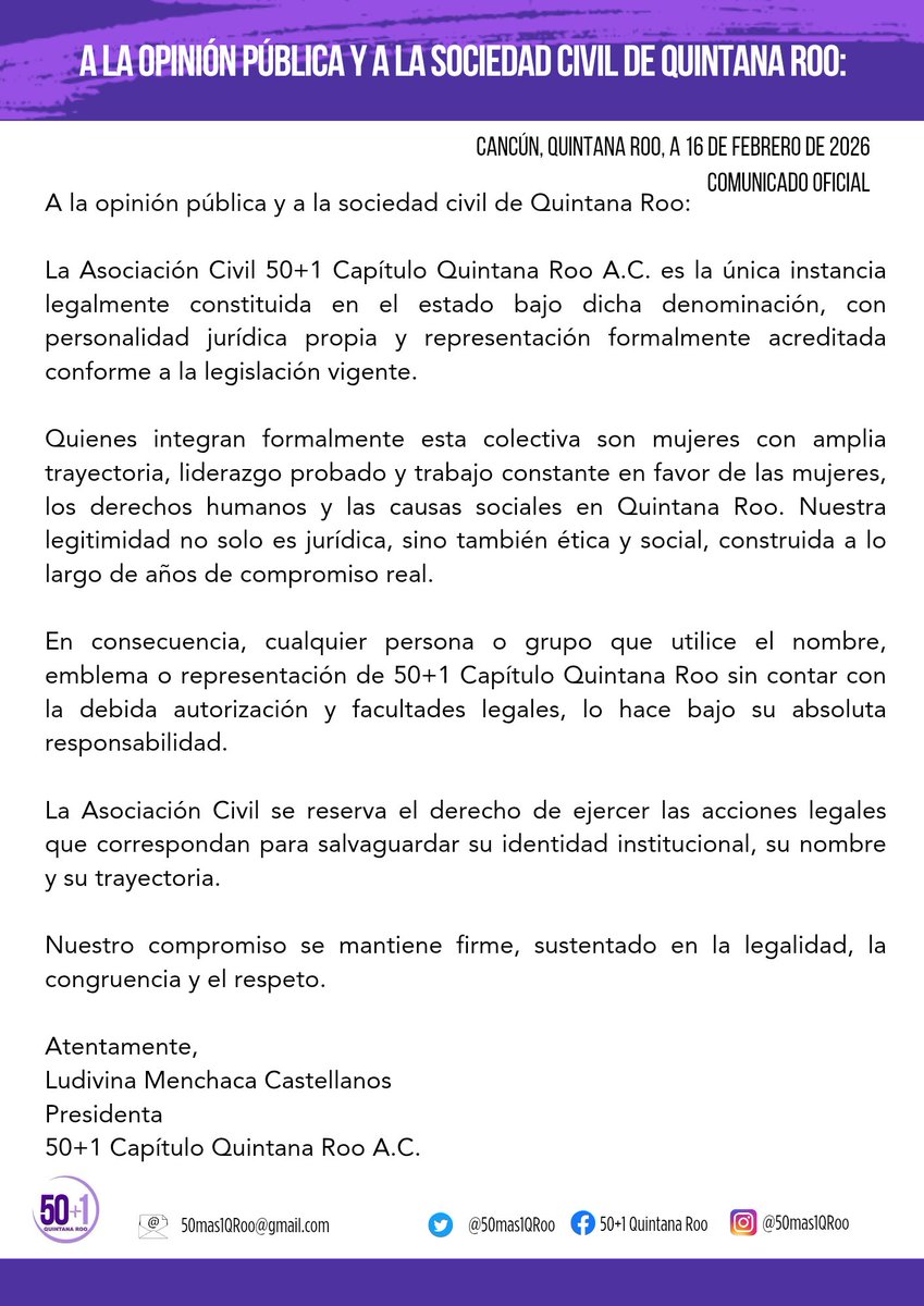 #ComumicadoOficial  50+1 Quintana Roo es la única organización legalmente constituida bajo ese nombre.  
Cualquier uso no autorizado será responsabilidad de quien lo haga.  
Nuestra identidad y trayectoria se defienden con legalidad y congruencia.