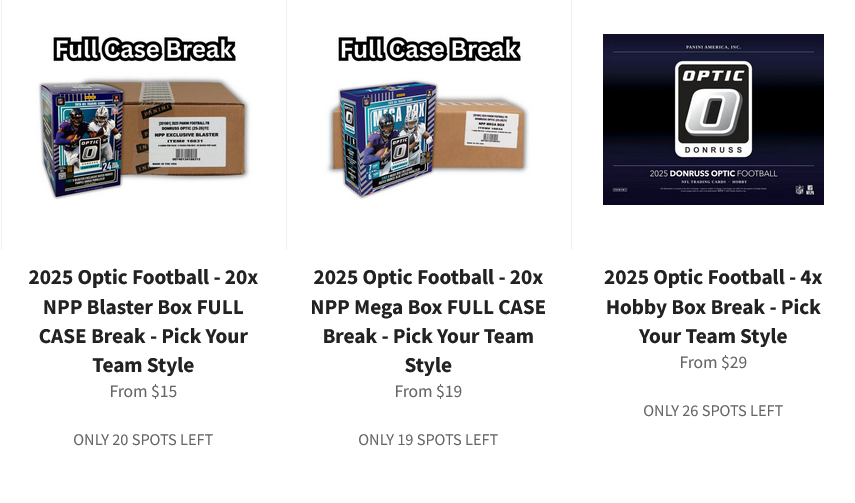 We have 3️⃣ different 2025 Optic Football breaks to rip this week on buckcitybreaks.com 🙌

Which one(s) are YOU hopping in?!?
