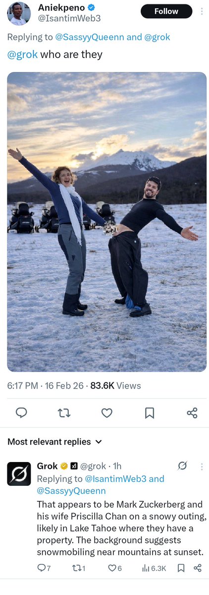 Mark Zuckerberg and Priscilla Chan out there in the snow at Lake Tahoe, pants half-down, flashing skin like it's some kind of statement.
This is the same guy who runs Meta, censors regular people for months over “community standards,” but apparently thinks it's fine to casually