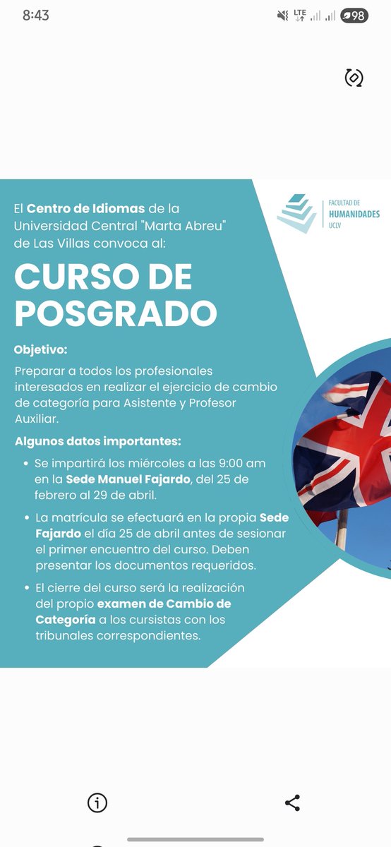 📘 El Centro de Idiomas de la #UCLVnuestra convoca al Curso de Posgrado para superación en idioma inglés de todos los profesores universitarios residentes en Santa Clara. 

🗣️🇬🇧  impulsar el desarrollo de competencias comunicativas en esta lengua extranjera es el objetivo.
  👇🏻