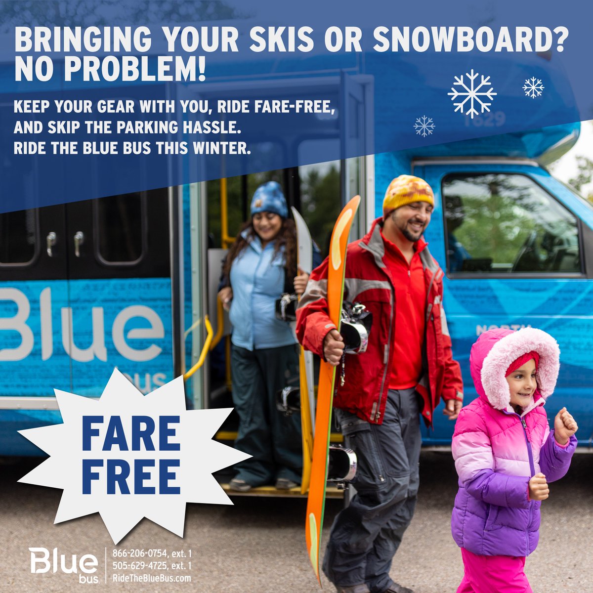 Bringing your skis or snowboard? No problem! 
You can bring your gear onboard! The Blue Bus is your hassle-free, fare-free ride to the slopes!
Learn more about our ski routes at ncrtd.org/ski-bus 

#RideTheBlueBus #SkiNewMexico