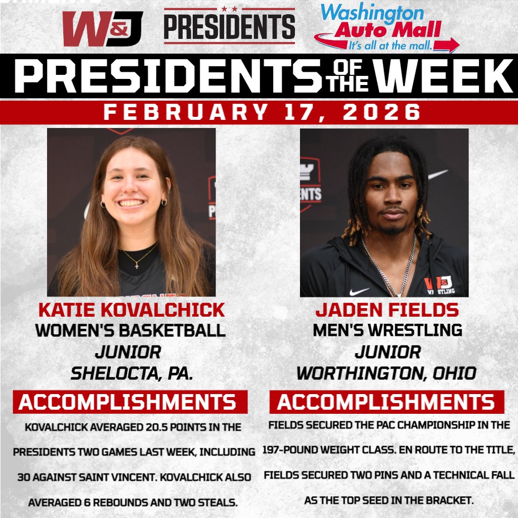 wjathletics's tweet photo. Congratulations to our Washington Auto Mall Presidents of the Week – Katie Kovalchick (Women’s Basketball) and Jaden Fields (Men's Wrestling)!

#PrezPride 🔴⚫️ https://t.co/mJNb9s4D8r