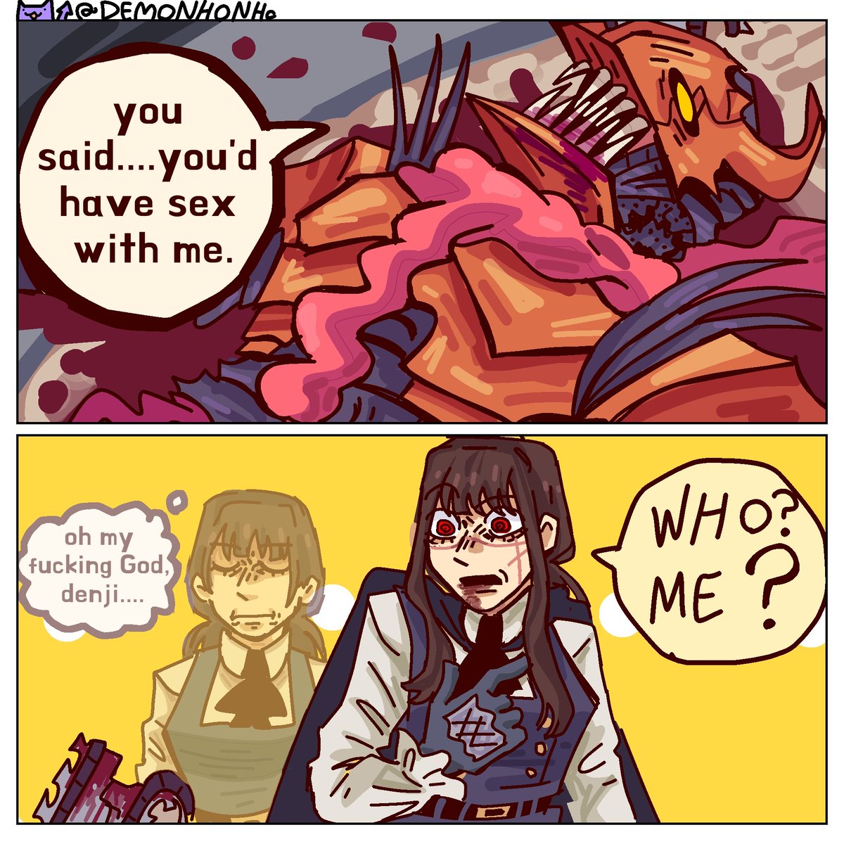 Terrible timing to bring that up, Denji
 #asamitaka #denjiman #yoru #csm229