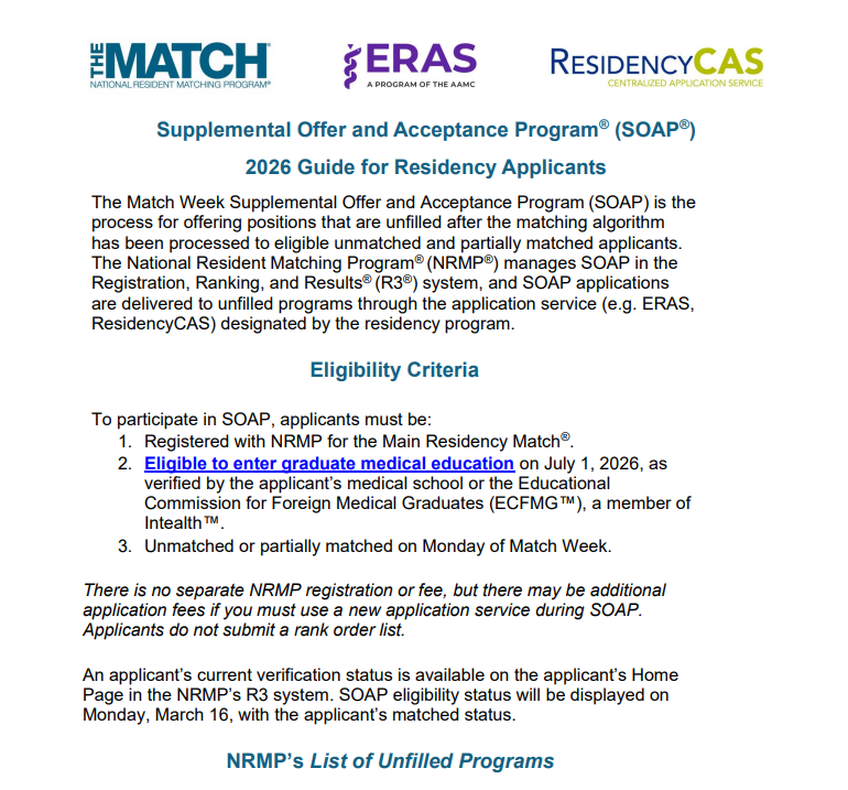 TheNRMP's tweet image. If you are intending to participate in SOAP, you must register with NRMP by Wednesday, March 4 at 9 pm ET and be SOAP-eligible to have access to the List of Unfilled Programs in the NRMP's R3 system. 

Applicant SOAP Guide: ow.ly/H3Ls50Yh1lI.

#Match2026 #IMG #MedStudent
