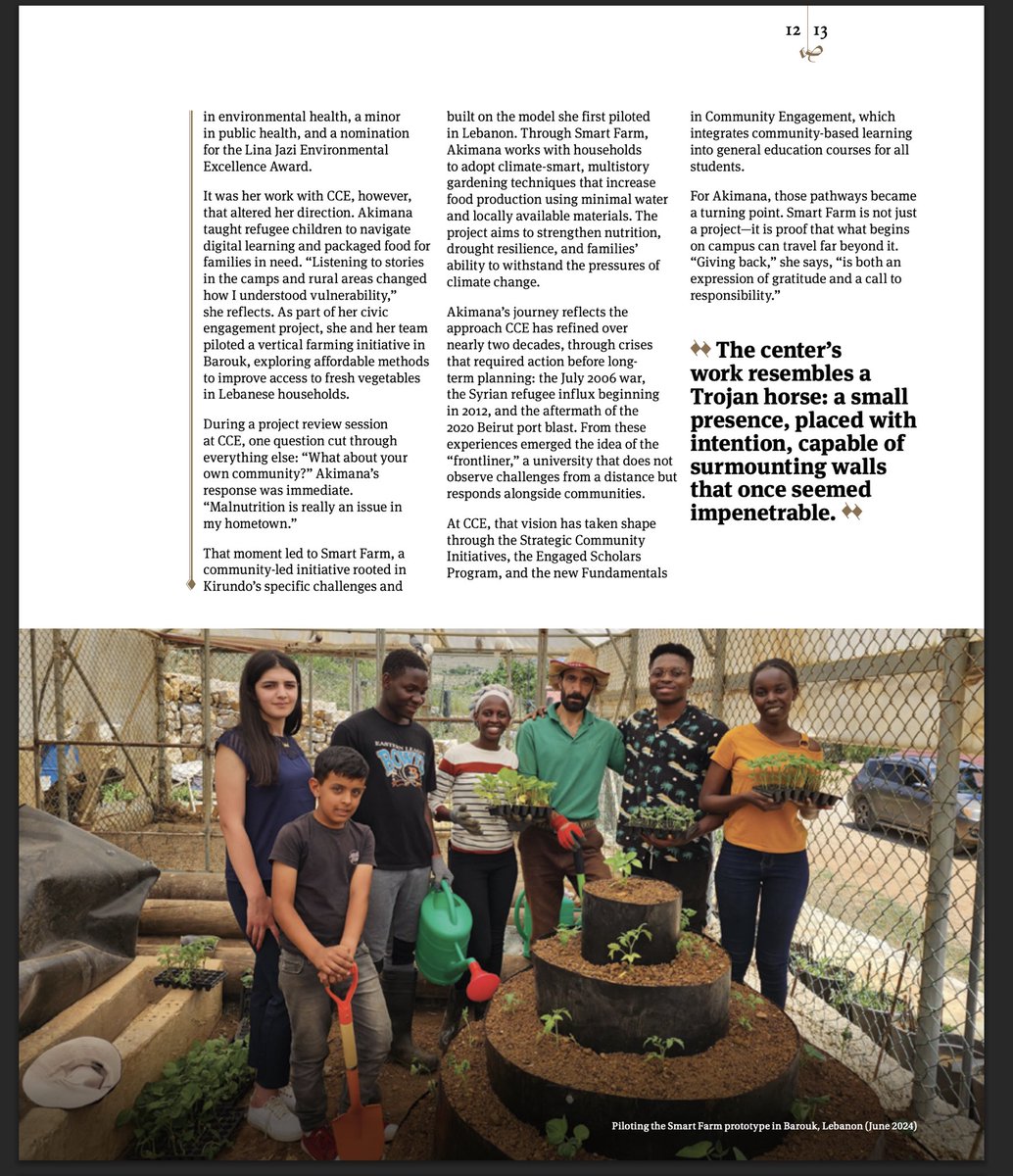 CCE_AUB's tweet photo. “Smart Farm is proof that what begins on campus can travel far beyond it”.
Godiolla Akimana featured on @aub_lebanon’s MainGate 2026 issue No.1, celebrating the success of her community engagement project “Smart Farm: drought-proofing for climatic shocks in Burundi”
#CEP 
@AUBMCF 
[To read MainGate 2026 issue No.1: https://t.co/m8Wc5l8fPL]