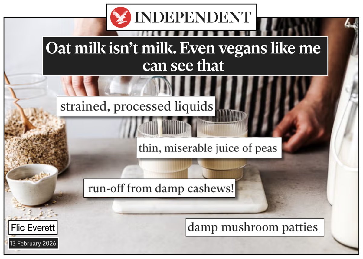 In an op-ed arguing that #plantbased food labels should avoid “milk” and “meat,” Flic Everett (former editor of Vegan Living magazine) uses the following terms to describe vegan foods -- damp, miserable, hockey puck, processed liquids and pea-based cylinder. She also writes that