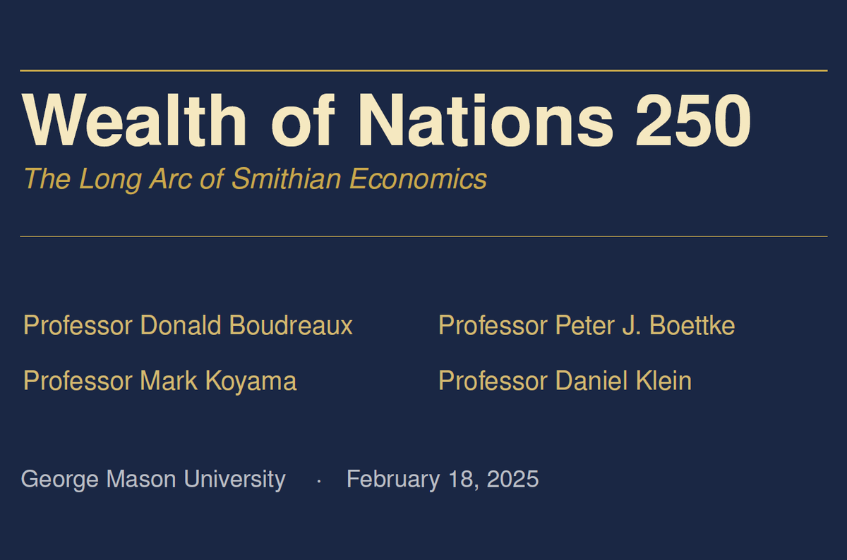 GarettJones's tweet photo. 5pm, Merten Hall 1204, livestreamed, with four speakers from the world's leading department for Smithian thought: https://t.co/nStr2uOsYf