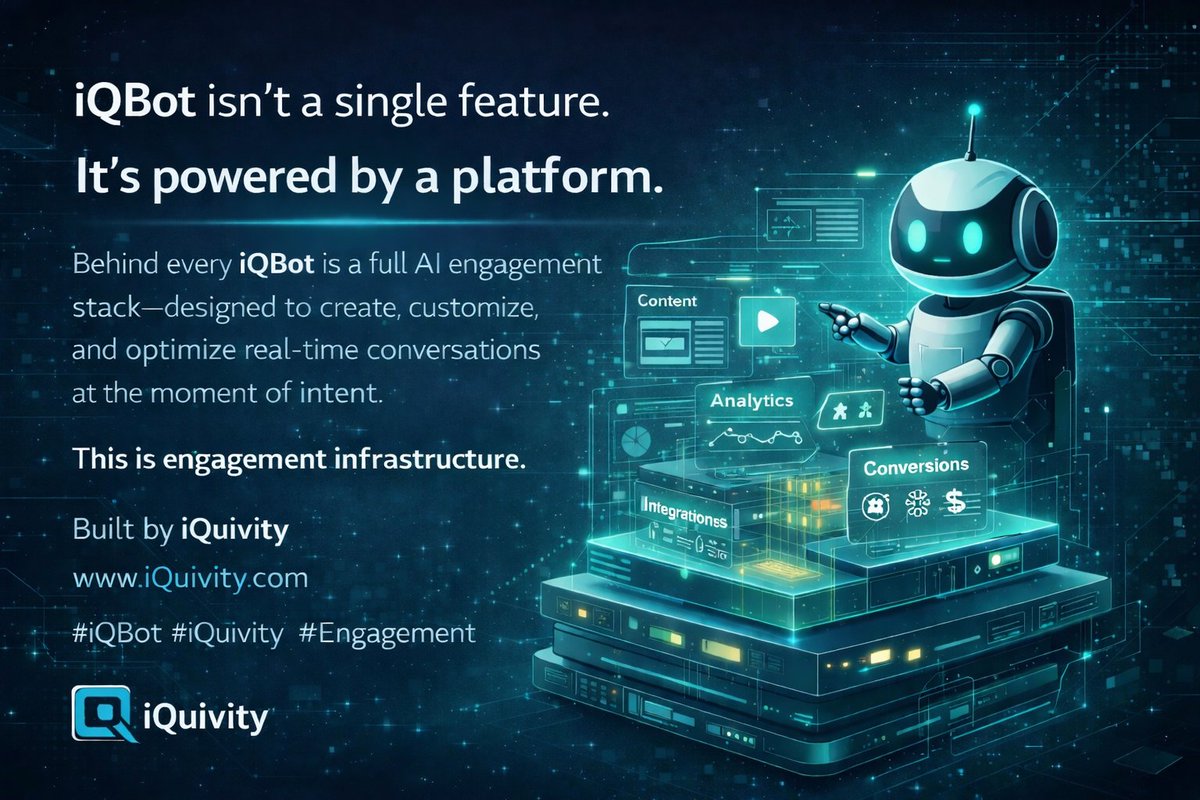 iQuivityAI's tweet photo. iQBot isn’t a single feature. It’s powered by a platform.
Behind every iQBot is a full AI engagement stack, designed to create, customize, and optimize real-time conversations at the moment of intent.
This is engagement infrastructure.

https://t.co/pN7tCn6v5g
#iQBot #iQuivity #Engagement