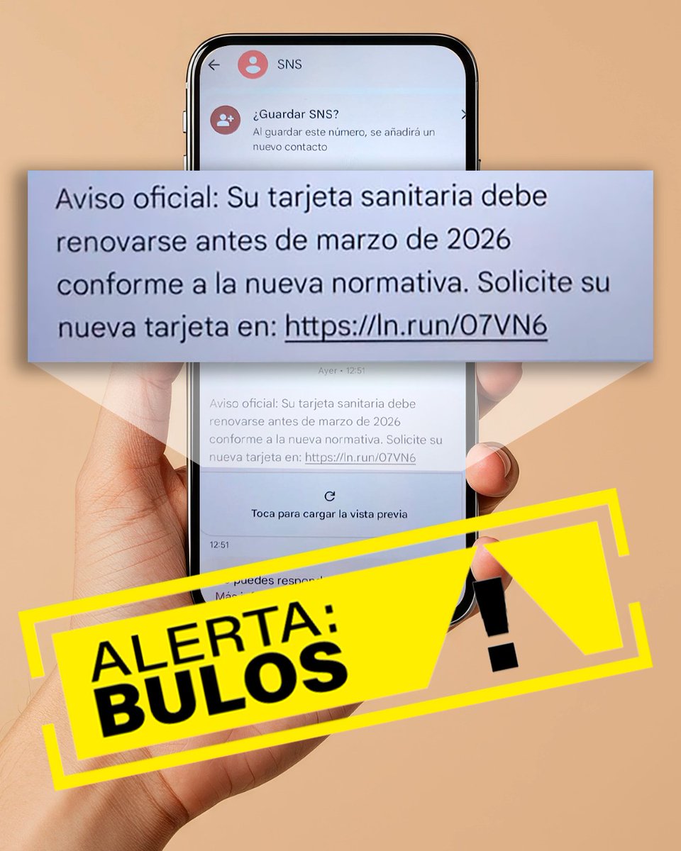 🚨 Stop Bulos 🚨

El Servicio Andaluz de Salud alerta sobre una campaña de SMS fraudulentos que piden renovar la tarjeta sanitaria con enlaces falsos

👉 Recuerda: el SAS nunca lo solicita por SMS
❌ No hagas clic en enlaces sospechosos
❌ No facilites información🔐💚

#StopBulos