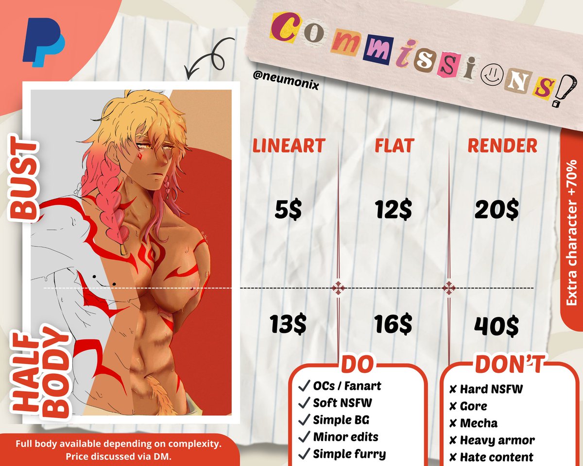 neumonix's tweet photo. 🪨 COMMISSIONS OPEN 

I have open new batch with more slots ✨

DM open for questions ✦ En/Spa ✦ PayPal

Services: Bust &amp; Half body
Lineart / Flat / Render

RT appreciated 💛

#commissionsopen #artcommissions https://t.co/BnLyJEK031