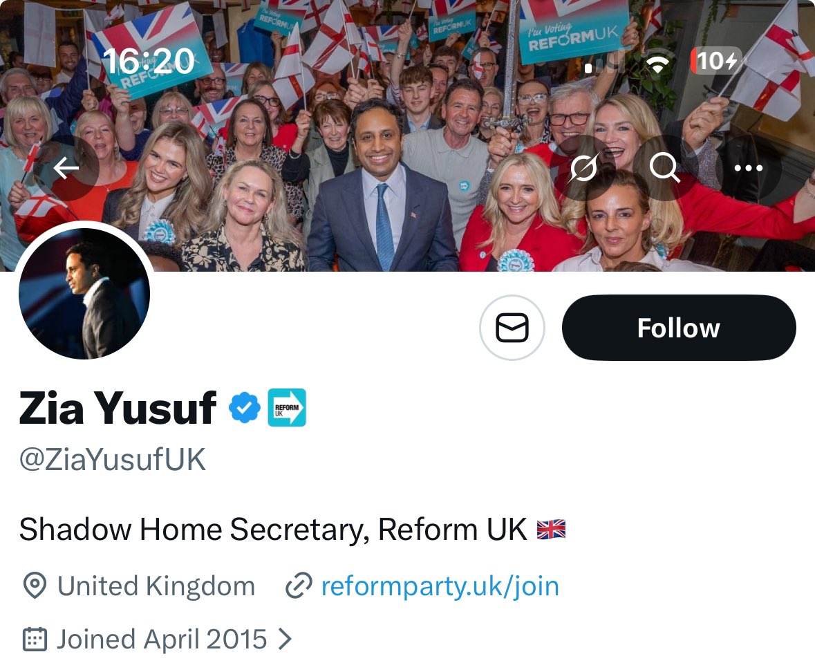 Zia Yusuf is a desperate man. 
“Shadow Home Secretary” in his bio already. 

To be clear, Reform UK are NOT the official opposition and so this role does not hold any capacity whatsoever. Not to mention he isn’t even elected to office.

Shadow Fantasist perhaps <a href="/ZiaYusufUK/">Zia Yusuf</a> ?