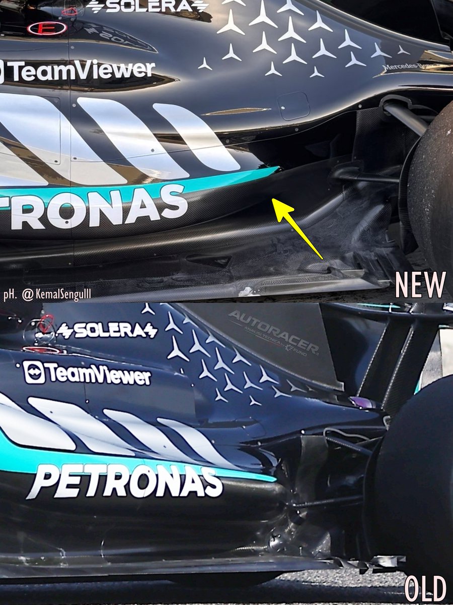 La Mercedes non aggiorna solo il fondo ma anche le pance della W17, che ora sono meno spigolose nella parte posteriore. Il cofano è ora chiuso, senza gli sgoghi intermedi #AutoRacer #F1Testing