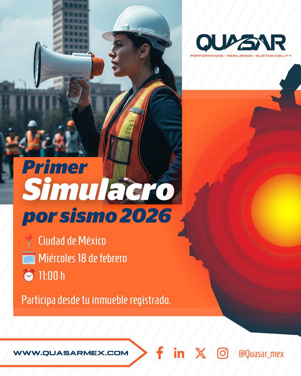 quasar_mex's tweet photo. El día de mañana, 18 de febrero, la 📍 Primer #Simulacro de sismo en la #CDMX y EdoMex.

Este ejercicio nos recuerda que la prevención es una responsabilidad compartida 🤝 y que la preparación es clave para fortalecer nuestra capacidad de respuesta 🏗️

🕚 11:00 horas https://t.co/LVo4crWgYe